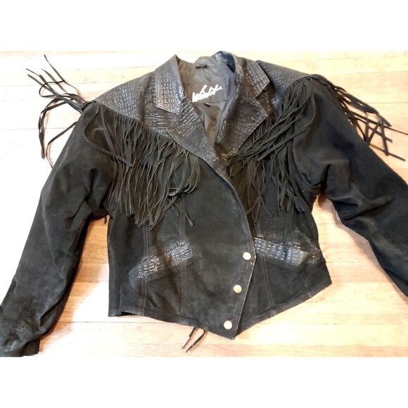 VTG Womens Small Boho Cowgirl Biker Moto Cropped Leather Suede Fringe Jacket